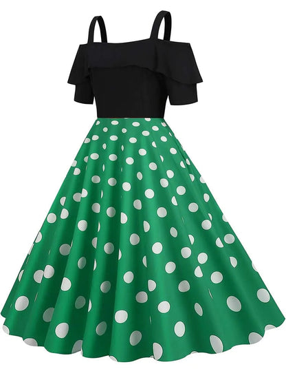 Off the Shoulder Elegant Vintage Party Dress Women Summer Polka Dot Ruffles A Line Midi Dresses Badiee Stylez