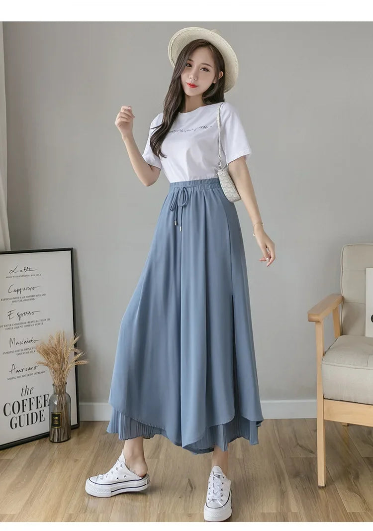 Women Pants Culottes Elastic Wide Leg Irregular Hem Double Layers Korean Trousers Summer Casual Loose Pleated Pants
