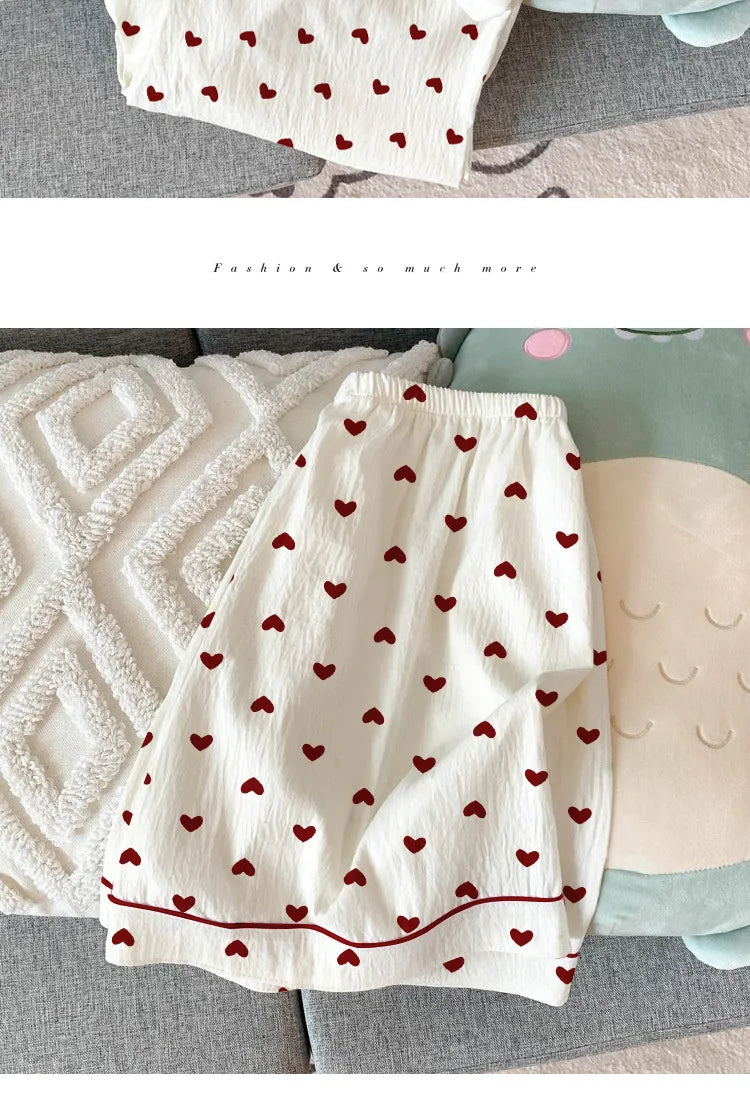 Women Summer Pajamas Three-piece Set Leisure Sleepwear Short Sleeve Lapel Sweet Heart Print Homewear Female Loose Loungewear