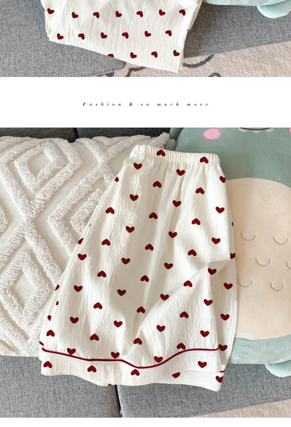 Women Summer Pajamas Three-piece Set Leisure Sleepwear Short Sleeve Lapel Sweet Heart Print Homewear Female Loose Loungewear