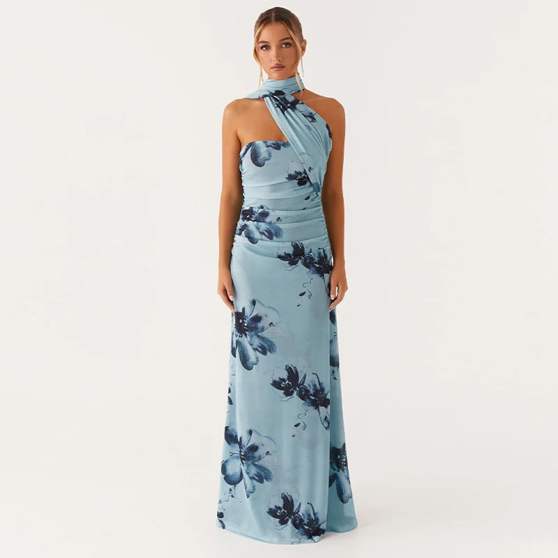 Elegant Floral Print Maxi Dress Backless Sleeveless Long Robes High Waist Slimming Dresses 2025 New Lady Vacation Beach Clothing Beige L