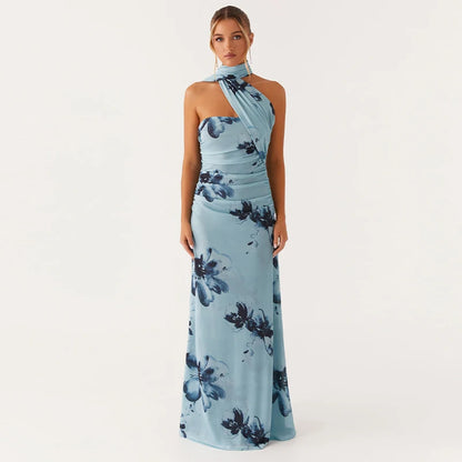 Elegant Floral Print Maxi Dress Backless Sleeveless Long Robes High Waist Slimming Dresses 2025 New Lady Vacation Beach Clothing Beige L