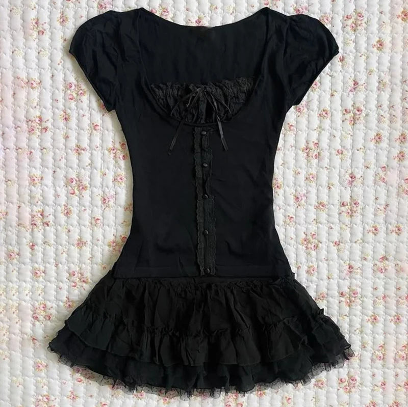 Y2K Dress Frock Hip Hop Grunge Goth Streetwear High street Pleated skirt Kawaii Unique Summer Cool Chic Dark style Jersey dress