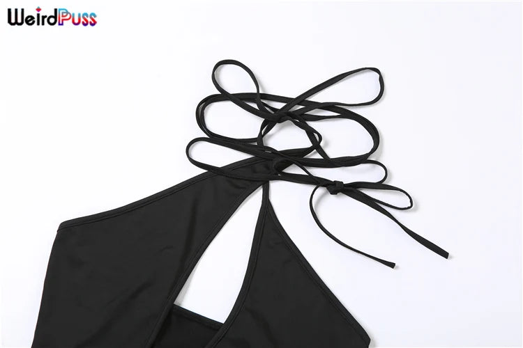 Weird Puss Cross Halter Women Tank Tops Hollow Out Backless Sleeveless Irregular Mesh Patchwork Solid Sexy Wild Party Clubwear