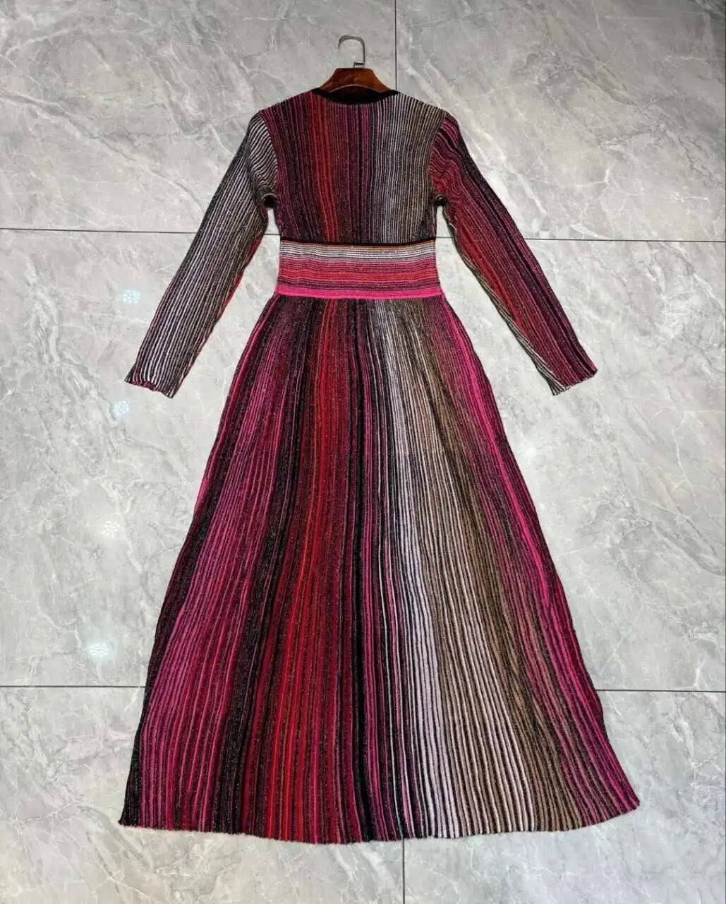 QMQA Fashion Women's Gradient Stripes Design Dresses V Neck High Waist Long Sleeve Elegant Party Dress Female Spring New 1A116 Badiee Stylez