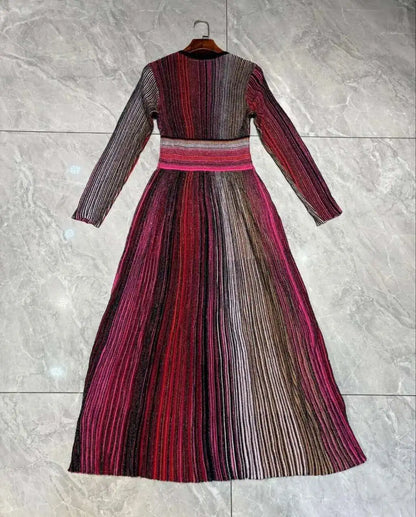 QMQA Fashion Women's Gradient Stripes Design Dresses V Neck High Waist Long Sleeve Elegant Party Dress Female Spring New 1A116 Badiee Stylez