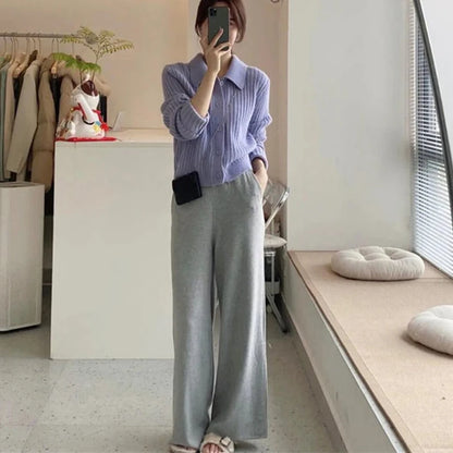 Rimocy Turn Down Knit Cardigan Women Autumn Winter Button Up Solid Color Sweater Coats Woman Long Sleeve Soft Cardigans Ladies