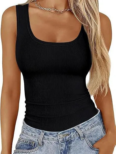 Summer Women's Vest Slim Fit Elastic Fashion Thread Basic Pullover Simple Versatile Square Collar Sleeveless T-shirt