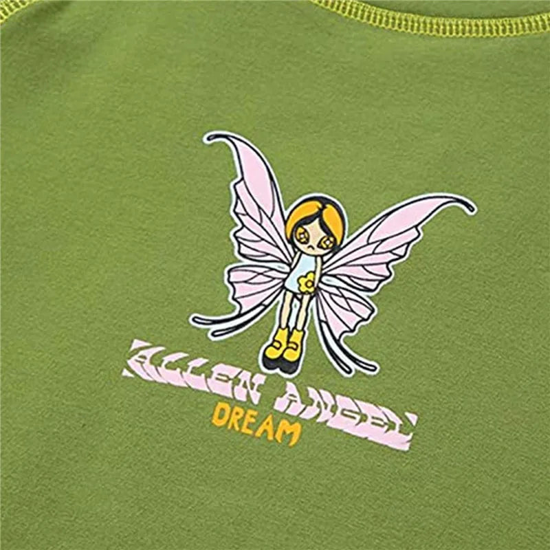 Gothic Graphic Printed T-Shirt For Ladies Harajuku Short Sleeve Crop Top Angels And Demons Print Tee Tops Women