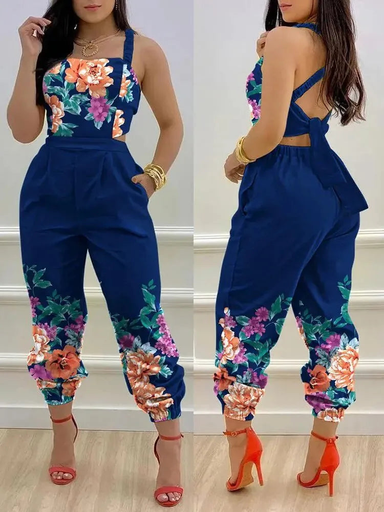 New Summer Fashion Printed Sleeveless Jumpsuit Sexy Hollow Backless Lace Up Long Jumpsuits Elegant Casual Jumpsuit With Pocket Badiee Stylez
