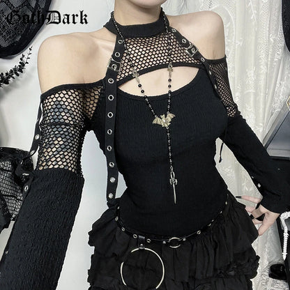 Goth Dark Punk Grunge Fishnet Patchwork Off Shoulder T-shirts Trim Corn Strap Halter Tops Autumn Mall Gothic Streetwear T-shirt