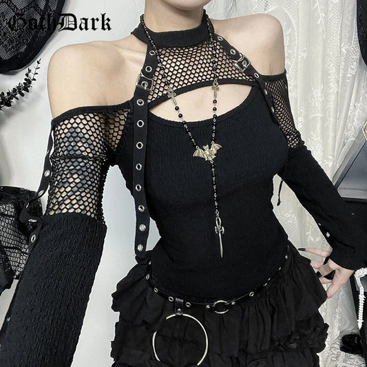 Goth Dark Punk Grunge Fishnet Patchwork Off Shoulder T-shirts Trim Corn Strap Halter Tops Autumn Mall Gothic Streetwear T-shirt