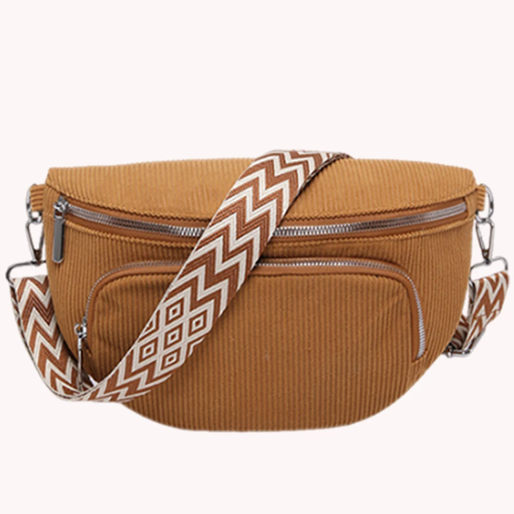 Corduroy Chest Bag Fashion Fanny Pack Wide Guitar Strap Casual Waist Bag Multi-pockets Hobo Sling Bag Outdoor Travel Bag