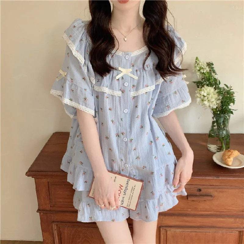 Summer New Women's Princess Style Sweet Pajamas Homewear Set Girls Lace Small Floral Summer Short-Sleeved Shorts Loose Pajamas