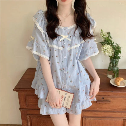 Summer New Women's Princess Style Sweet Pajamas Homewear Set Girls Lace Small Floral Summer Short-Sleeved Shorts Loose Pajamas