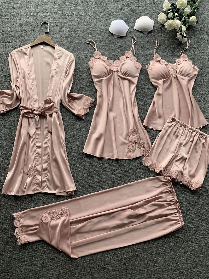 Pajamas Five Piece Set Sexy Lace Trim Nightgown Nightwear Spring Summer Women Bath Robe Loose Silk Satin Home Wear Pijamas Suit
