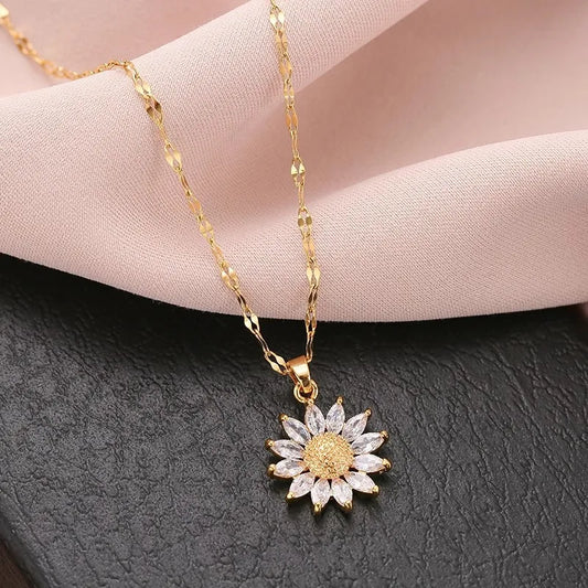 1PCS Gold-color Necklace Ladies Light Luxury Style Flower Pendant Inlaid Zirconia Titanium Steel Chain Holiday Jewelry