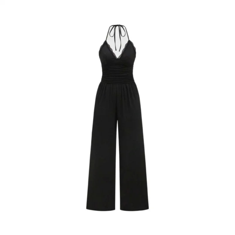 Women Summer Elegant Black High-Waist Knitted Suspender Jumpsuit Backless Women's Loose Wide-Leg Pants European Style Jumpsuit Badiee Stylez