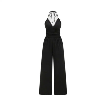 Women Summer Elegant Black High-Waist Knitted Suspender Jumpsuit Backless Women's Loose Wide-Leg Pants European Style Jumpsuit Badiee Stylez
