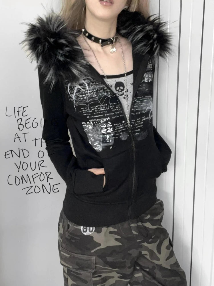 Y2k Fur Patchwork Grunge Hoodies Women Streetwear Vintage Harajuku Gothic Print Hooded Sweatshirt Coat Aesthetic Slim Jacket Black
