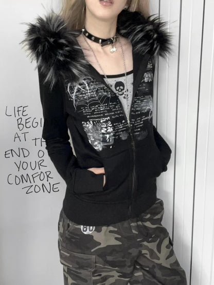 Y2k Fur Patchwork Grunge Hoodies Women Streetwear Vintage Harajuku Gothic Print Hooded Sweatshirt Coat Aesthetic Slim Jacket Black