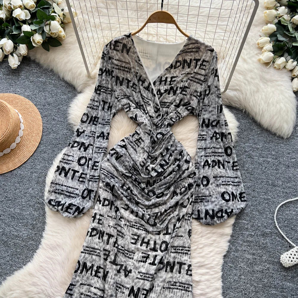 Chic vintage long sleeve Criss-Cross print pleated Elegant Fairy korean fashion dress women clothing Long dress