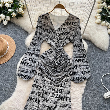 Chic vintage long sleeve Criss-Cross print pleated Elegant Fairy korean fashion dress women clothing Long dress