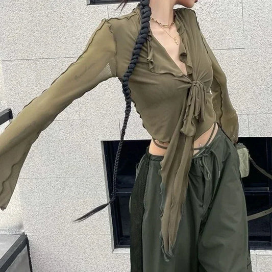 Long Flare Sleeve Sexy Sweet Hot Girls Korean Blouses for Women Lace-up Mesh Fashion Style All-match Solid Design Elegant Casual Green One Size