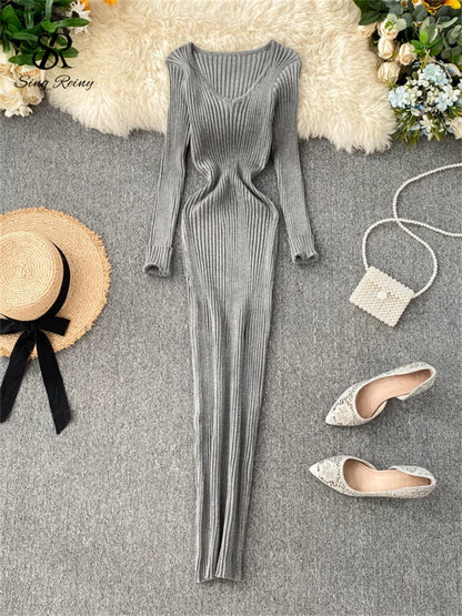 SINGRAIN Women Autumn Knitted Dress V Neck Sexy Slim Elastic Oversized Basic Bodycon Long Dress Winter knit Warm Sweater Dresses Gray One Size