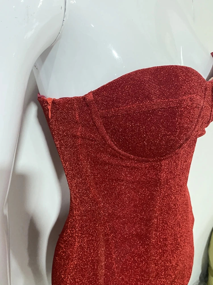 Sexy Strapless Bright Silk Lace-up Mini Dress Women Red Black Sleeveless Backelss Bodycon Dresses Evening Party Cocktail Gowns