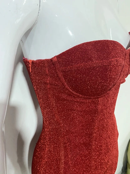 Sexy Strapless Bright Silk Lace-up Mini Dress Women Red Black Sleeveless Backelss Bodycon Dresses Evening Party Cocktail Gowns