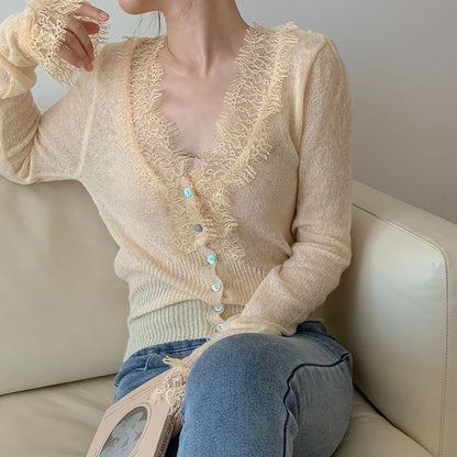 High-fashion Kawaii Botton Up Lace Patchwork Knitted Cardigan Women Autumn Winter Ladies Elegant Vintage Sweater Cheap Wholesale Light Yellow One Size