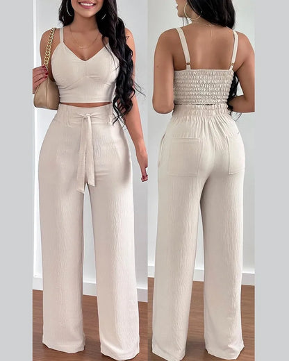 2025 Conjuntos Para Mujeres 2 Piezas Women V-neck Two-piece Set Backless Sleeveless Long Pants Casual 2 Piece Sets Women Outfit Ivory