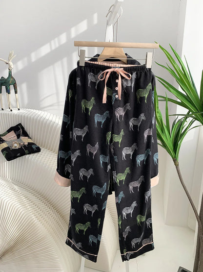 Women's Winter Pyjama Suit Print Long Sleeve Turn Down Collar Female Clothes 100% Cotton Single Breasted Sleepwear for Female