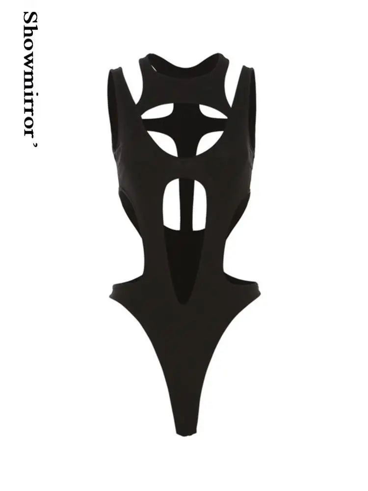 Gothic tops Y2k clothes sexy spicy hollow out bodysuit nigh clubwearr ashion women's patchwork slim fitting jumpsuit top tees black