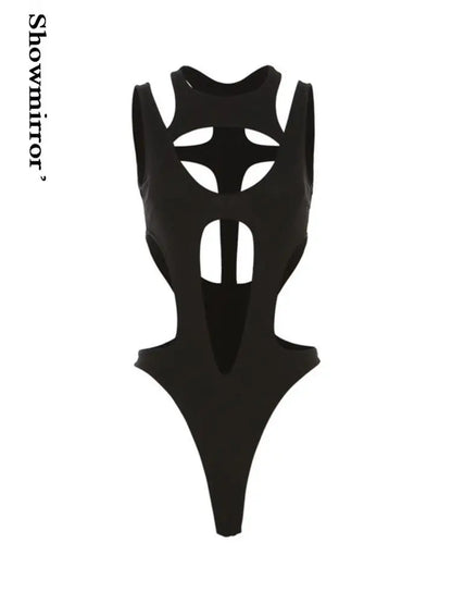 Gothic tops Y2k clothes sexy spicy hollow out bodysuit nigh clubwearr ashion women's patchwork slim fitting jumpsuit top tees black