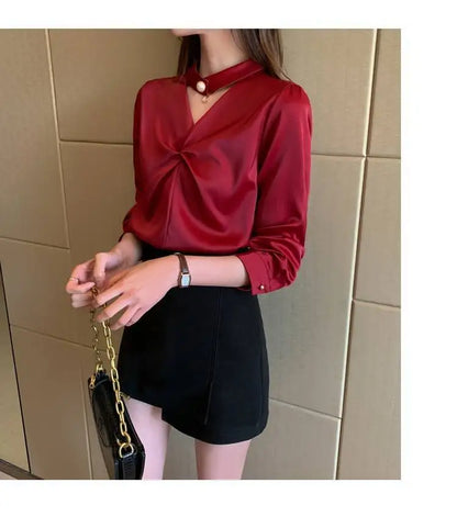 Satin Beading Halter V-Neck Woman Blouses 2022 Spring New Elegant Fashion Office Lady Long Sleeve Loose Commuter Shirts Female