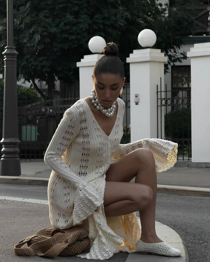 DSMTRC 2025 Holiday Knitted See-throught Cardigan Dress V Neck Long Flare Sleeves Leisure Long Trendy Single Breasted Autumn