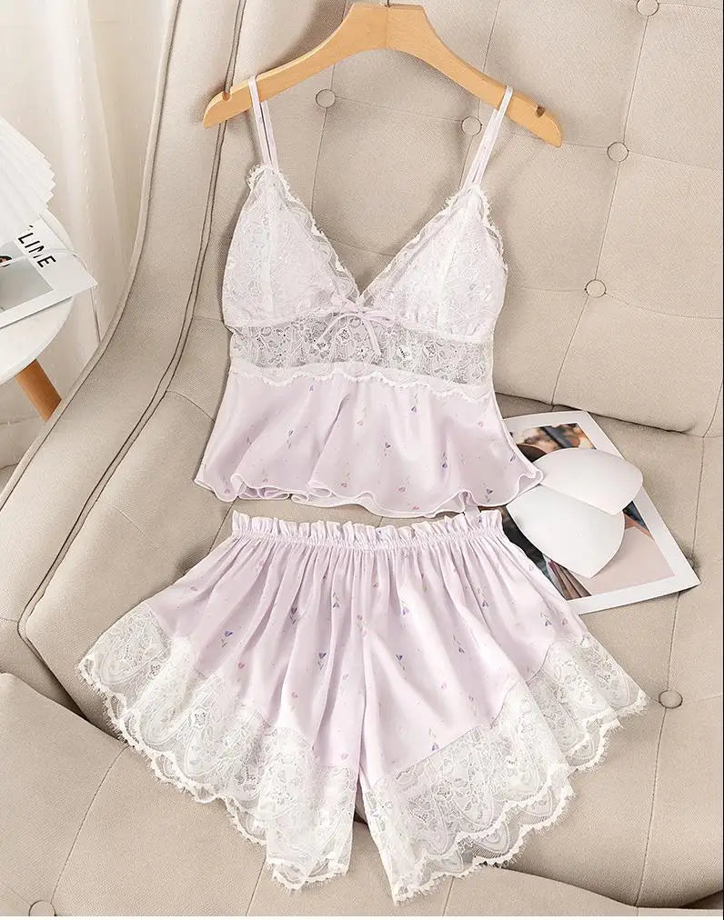 Summer Print Pyjamas Suit Women Sleepwear Lace Hollow Out Pajamas Set Sexy Strap Top&Shorts PJS Lingerie Satin Homewear
