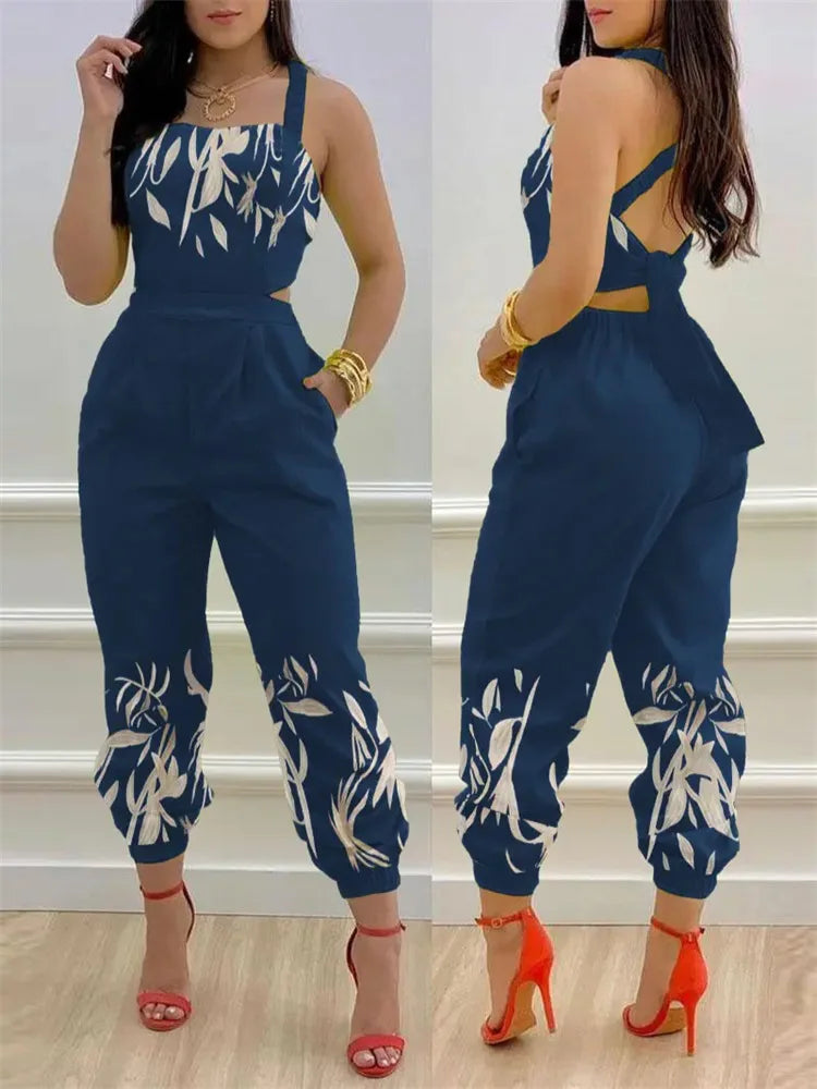 New Summer Fashion Printed Sleeveless Jumpsuit Sexy Hollow Backless Lace Up Long Jumpsuits Elegant Casual Jumpsuit With Pocket Badiee Stylez