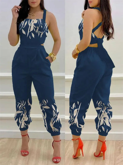 New Summer Fashion Printed Sleeveless Jumpsuit Sexy Hollow Backless Lace Up Long Jumpsuits Elegant Casual Jumpsuit With Pocket Badiee Stylez