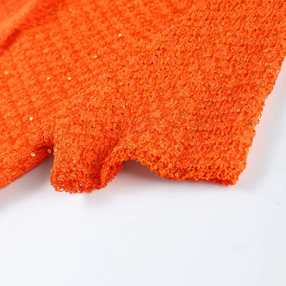 Elegant Sequined Orange Cardigans Women Y2k O-neck Short Sleeve One Button Female Tops 2025 Street Summer Lady Chic Knitwear