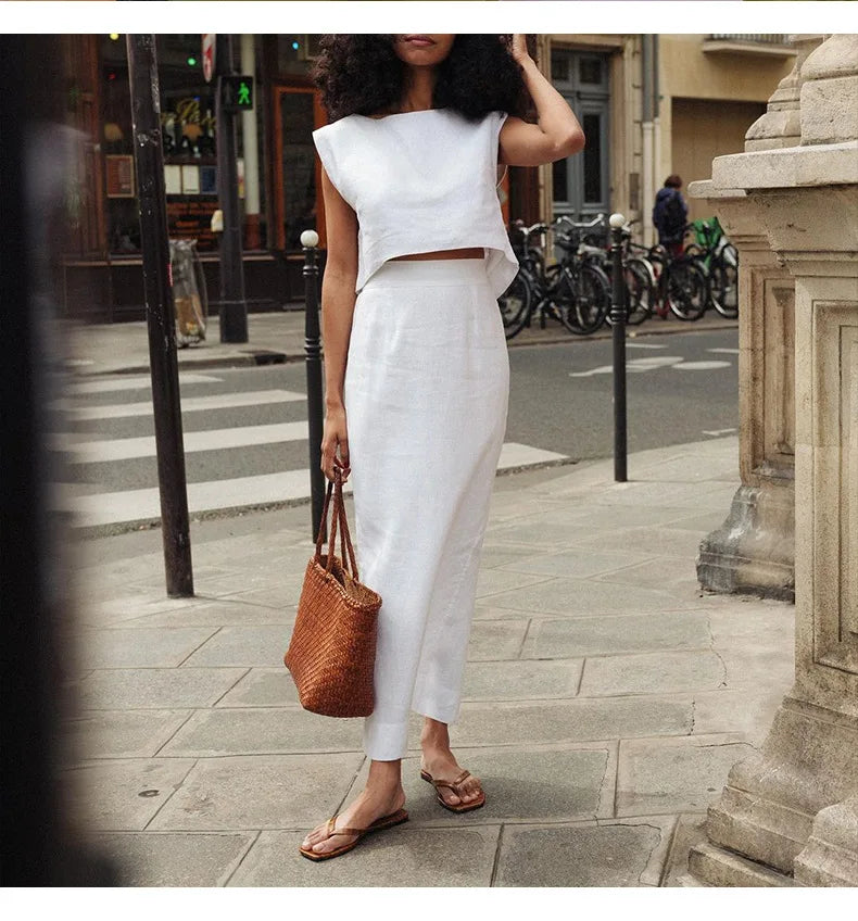 Summer New 100% Linen Sleeveless Crop Top Women's Loose Casual Solid Color Cute Tops Round Neck Minimalist Short T-Shirts