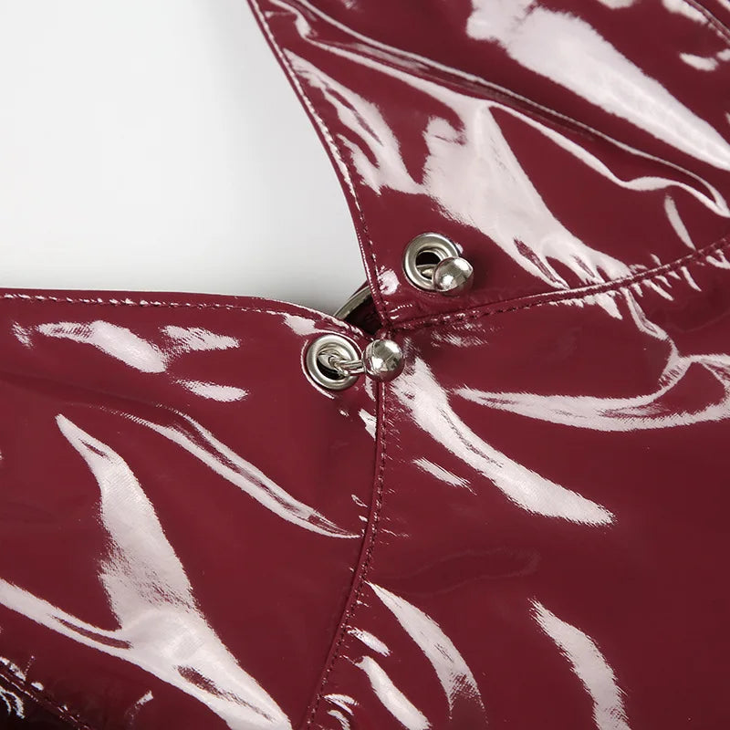 New y2k Solid Metal Button Women’s Halter Tops Sleeveless Pu Leather Punk Baddie Slim Women Blouses Streetwear Clothing Crop Top