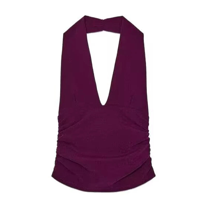 TRAF Halter Top Women Off Shoulder Deep V-Neck Crop Top y2k Sexy Backless Tank Top Street Style Casual Women's Summer Tops 2025 PURPLE