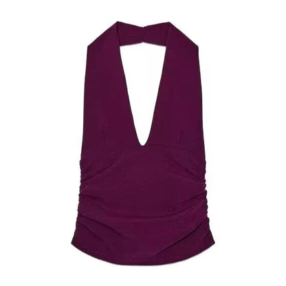 TRAF Halter Top Women Off Shoulder Deep V-Neck Crop Top y2k Sexy Backless Tank Top Street Style Casual Women's Summer Tops 2025 PURPLE