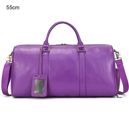 Luxury Genuine Leather Men Women Travel Bag Cow Leather Carry On Luggage Bag Travel Shoulder Bag Male Female Weekend Duffle Bag Purple(55cm