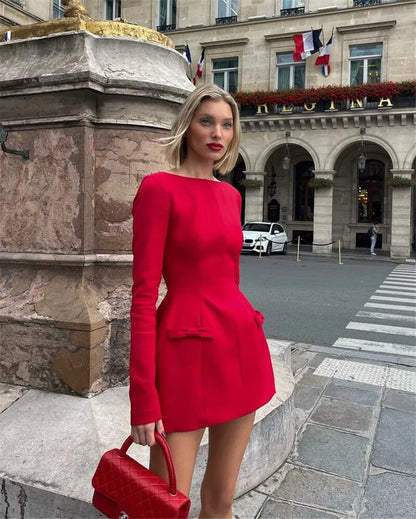 Mozision Double Bow Long Sleeve Sexy Mini Dress For Women Autumn Winter New Solid High Waist Bodycon Club Party Dress Elegant