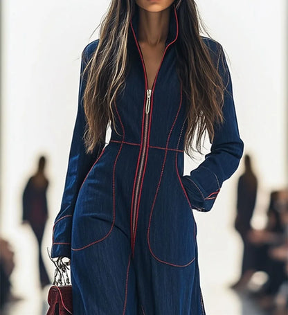 Jumpsuits For WomanFashion Casual Autumn/Winter Long Sleeve V-neck Pockets Solid Color Zipper Wide Leg Jumpsuits Jumpsuit Woman Badiee Stylez