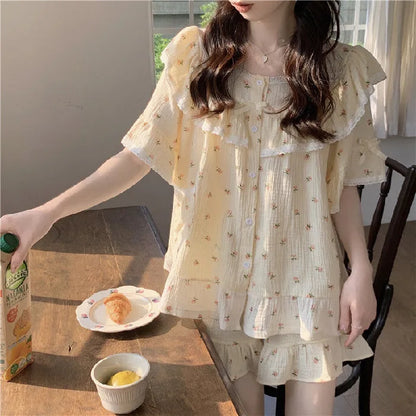 Summer New Women's Princess Style Sweet Pajamas Homewear Set Girls Lace Small Floral Summer Short-Sleeved Shorts Loose Pajamas Apricot